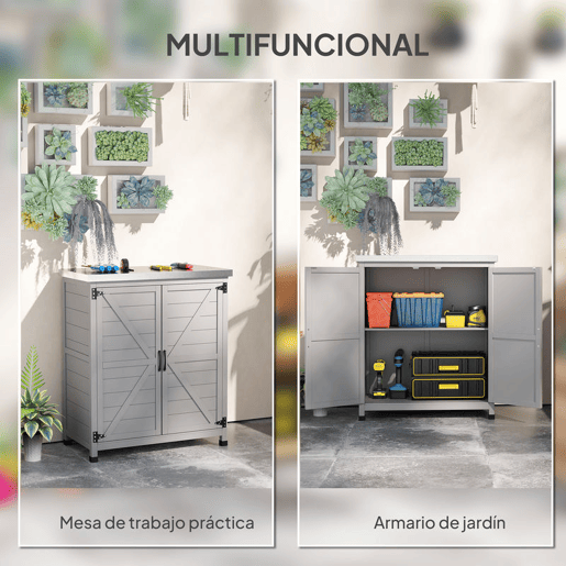 Outsunny Armário de Exterior em Madeira Armário de Jardim com Tampo de Aço Galvanizado Prateleira 2 Portas Abrigo de Jardim para Armazenamento de Ferramentas 79x43x92 cm Cinza