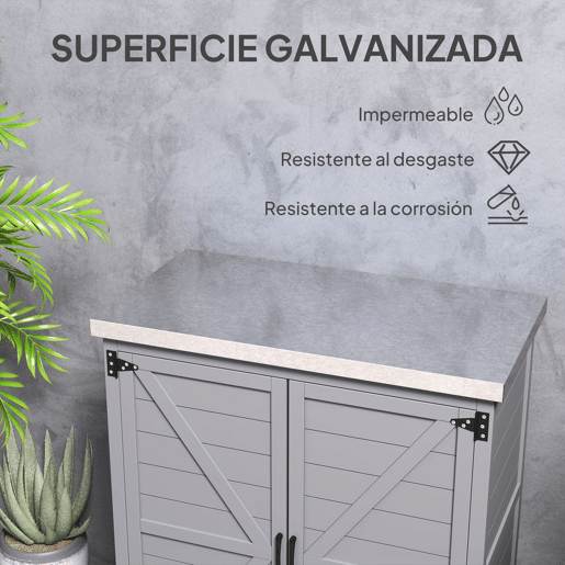 Outsunny Armário de Exterior em Madeira Armário de Jardim com Tampo de Aço Galvanizado Prateleira 2 Portas Abrigo de Jardim para Armazenamento de Ferramentas 79x43x92 cm Cinza