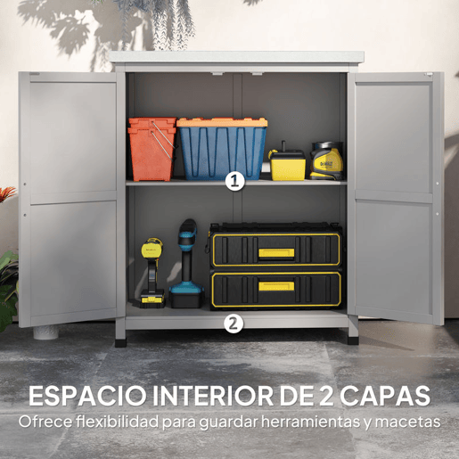 Outsunny Armário de Exterior em Madeira Armário de Jardim com Tampo de Aço Galvanizado Prateleira 2 Portas Abrigo de Jardim para Armazenamento de Ferramentas 79x43x92 cm Cinza