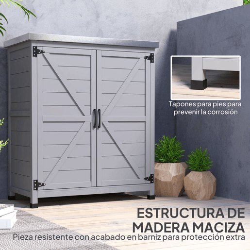 Outsunny Armário de Exterior em Madeira Armário de Jardim com Tampo de Aço Galvanizado Prateleira 2 Portas Abrigo de Jardim para Armazenamento de Ferramentas 79x43x92 cm Cinza