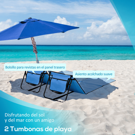 Outsunny Conjunto de 2 Esteiras de Praia Dobráveis em Tecido Oxford 600D com Encosto Reclinável e Alça de Transporte para Jardim 142x51x40 cm Azul