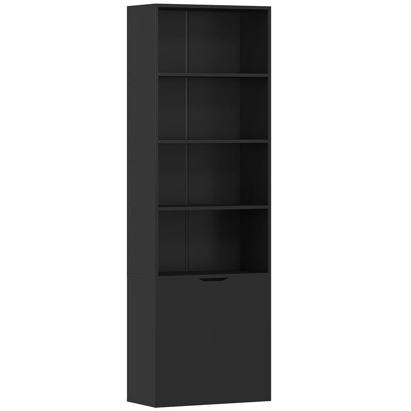 Homcom estantería para libros de 6 niveles, librería con 2 puertas, 4 estantes abiertos, armario alto para salón, estudio, oficina, 59x29x180 cm, negro