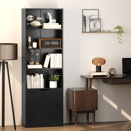 HOMCOM Estante para Livros de 6 Níveis Biblioteca com 2 Portas 4 Prateleiras Abertas Armário Alto para Sala Escritório 59x29x180 cm Preto