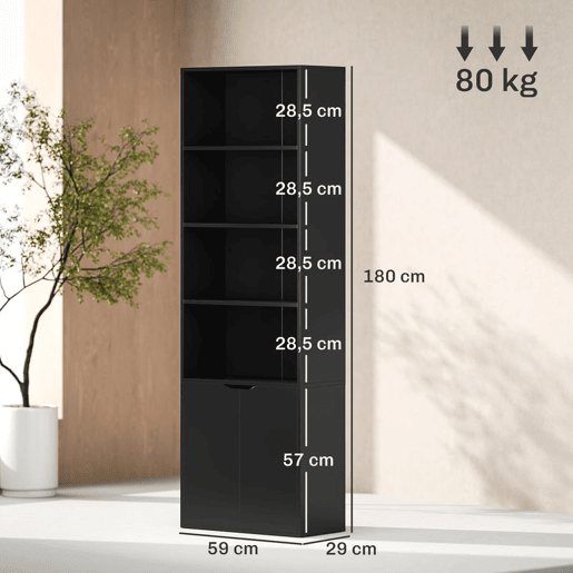 HOMCOM Estante para Livros de 6 Níveis Biblioteca com 2 Portas 4 Prateleiras Abertas Armário Alto para Sala Escritório 59x29x180 cm Preto