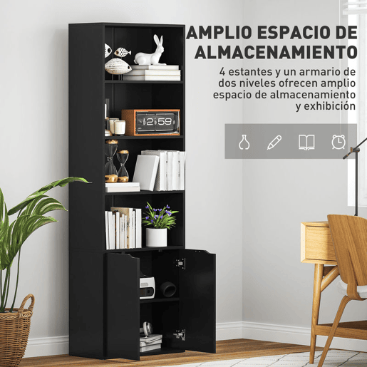 HOMCOM Estante para Livros de 6 Níveis Biblioteca com 2 Portas 4 Prateleiras Abertas Armário Alto para Sala Escritório 59x29x180 cm Preto