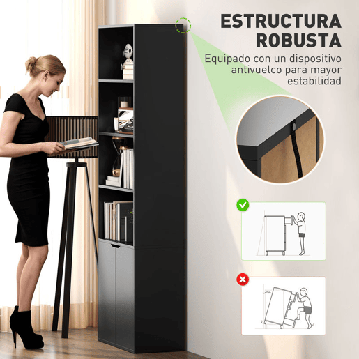 HOMCOM Estante para Livros de 6 Níveis Biblioteca com 2 Portas 4 Prateleiras Abertas Armário Alto para Sala Escritório 59x29x180 cm Preto