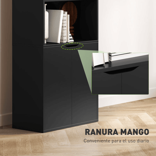 HOMCOM Estante para Livros de 6 Níveis Biblioteca com 2 Portas 4 Prateleiras Abertas Armário Alto para Sala Escritório 59x29x180 cm Preto