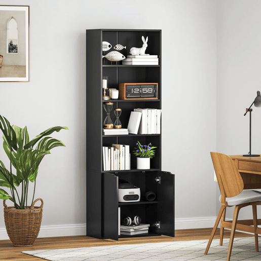 HOMCOM Estante para Livros de 6 Níveis Biblioteca com 2 Portas 4 Prateleiras Abertas Armário Alto para Sala Escritório 59x29x180 cm Preto