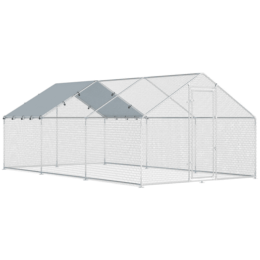 PawHut Galinheiro Grande para Exterior 5,1x3x1,9 m Galinheiro de Aço Galvanizado Porta com Duplo Fecho Cobertura de Tecido Oxford, Anti-UV e Impermeável Design Acessível para 15-24 Galinhas Prata