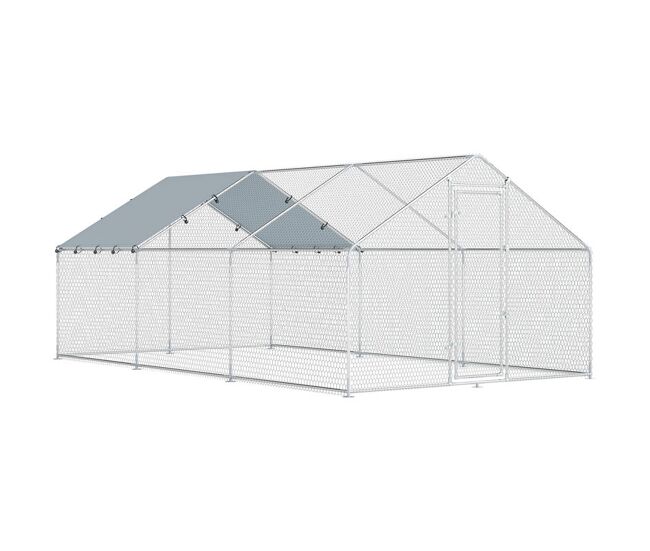 Pawhut gallinero para exterior grande, 5,1x3x1,9 m, gallinero de acero galvanizado, puerta con doble cierre, cubierta tela oxford, anti-uv e impermeable, diseño accesible, para 15-24 gallinas, plata