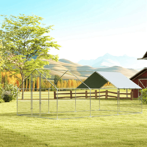 PawHut Galinheiro Grande para Exterior 5,1x3x1,9 m Galinheiro de Aço Galvanizado Porta com Duplo Fecho Cobertura de Tecido Oxford, Anti-UV e Impermeável Design Acessível para 15-24 Galinhas Prata