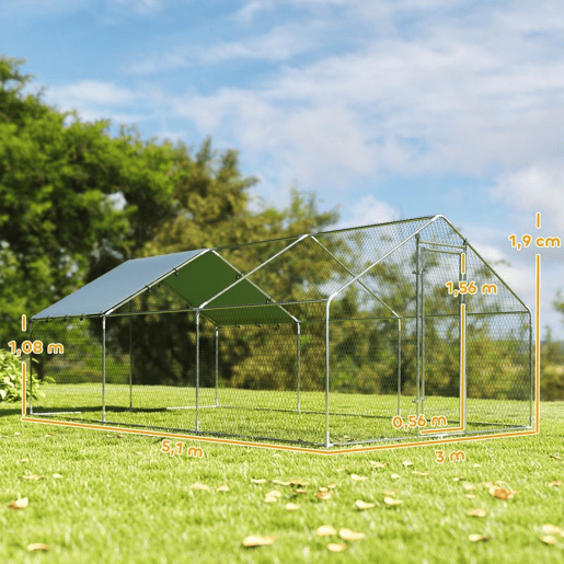 PawHut Galinheiro Grande para Exterior 5,1x3x1,9 m Galinheiro de Aço Galvanizado Porta com Duplo Fecho Cobertura de Tecido Oxford, Anti-UV e Impermeável Design Acessível para 15-24 Galinhas Prata