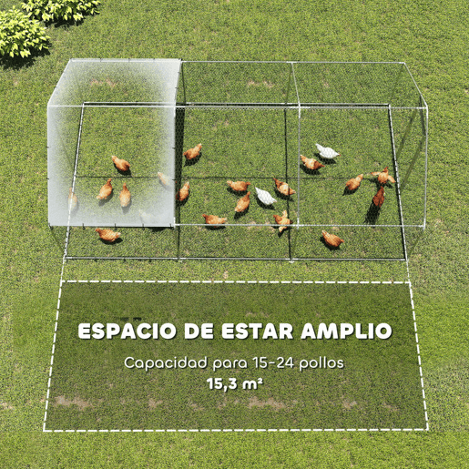 PawHut Galinheiro Grande para Exterior 5,1x3x1,9 m Galinheiro de Aço Galvanizado Porta com Duplo Fecho Cobertura de Tecido Oxford, Anti-UV e Impermeável Design Acessível para 15-24 Galinhas Prata