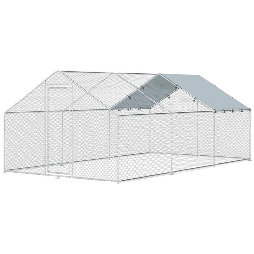 PawHut Galinheiro Grande para Exterior 5,1x3x1,9 m Galinheiro de Aço Galvanizado Porta com Duplo Fecho Cobertura de Tecido Oxford, Anti-UV e Impermeável Design Acessível para 15-24 Galinhas Prata