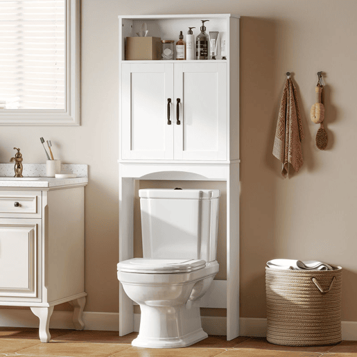 HOMCOM Armário sobre a Sanita, Móvel de Casa de Banho com 2 Portas de Fecho Suave e Prateleira Aberta, 64 x 21 x 173,5 cm, Branco