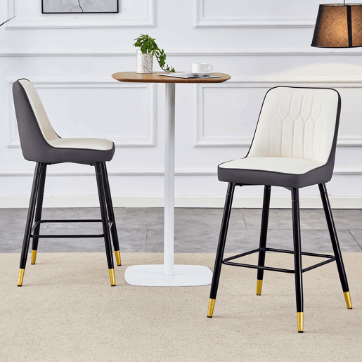 Conjunto de 2 bancos de bar 100 cm - couro PU, base metálica preta, apoio para os pés confortável - Cinza escuro, Branco+Prata