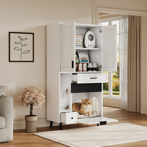 Armário multifuncional para gatos - compartimentos, prateleiras móveis, gavetas e área de dormir - Branco