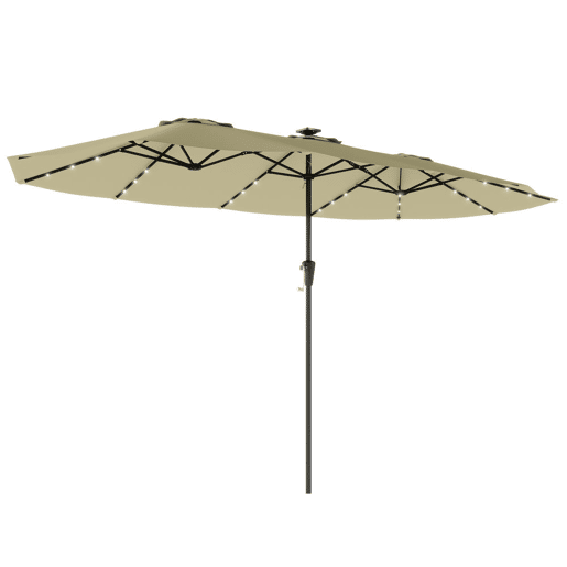 Outsunny Chapéu de Sol Duplo com 36 Luzes LED Solares 4x2 m Chapéu de Sol para Exterior com Manivela UPF50+ 12 Varas Resistente à Água Chapéu de Sol para Jardim Terraço Pátio Bege