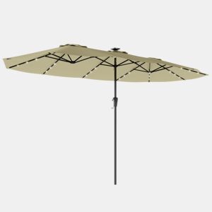 Outsunny Chapéu de Sol Duplo com 36 Luzes LED Solares 4x2 m Chapéu de Sol para Exterior com Manivela UPF50+ 12 Varas Resistente à Água Chapéu de Sol para Jardim Terraço Pátio Bege