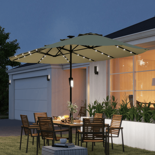Outsunny Chapéu de Sol Duplo com 36 Luzes LED Solares 4x2 m Chapéu de Sol para Exterior com Manivela UPF50+ 12 Varas Resistente à Água Chapéu de Sol para Jardim Terraço Pátio Bege