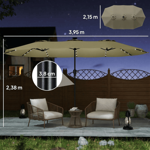 Outsunny Chapéu de Sol Duplo com 36 Luzes LED Solares 4x2 m Chapéu de Sol para Exterior com Manivela UPF50+ 12 Varas Resistente à Água Chapéu de Sol para Jardim Terraço Pátio Bege