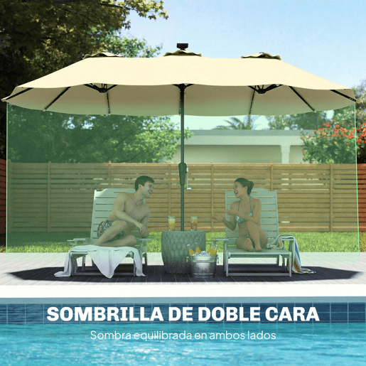Outsunny Chapéu de Sol Duplo com 36 Luzes LED Solares 4x2 m Chapéu de Sol para Exterior com Manivela UPF50+ 12 Varas Resistente à Água Chapéu de Sol para Jardim Terraço Pátio Bege