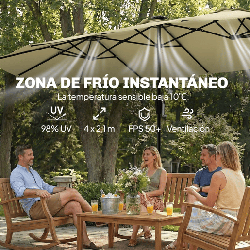 Outsunny Chapéu de Sol Duplo com 36 Luzes LED Solares 4x2 m Chapéu de Sol para Exterior com Manivela UPF50+ 12 Varas Resistente à Água Chapéu de Sol para Jardim Terraço Pátio Bege