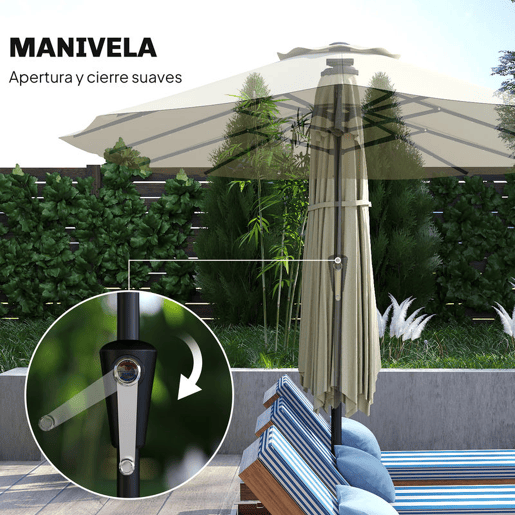 Outsunny Chapéu de Sol Duplo com 36 Luzes LED Solares 4x2 m Chapéu de Sol para Exterior com Manivela UPF50+ 12 Varas Resistente à Água Chapéu de Sol para Jardim Terraço Pátio Bege