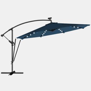 Outsunny Chapéu de Sol Excêntrico com Luzes LED Solares Ø345 cm Chapéu de Sol de Jardim em Alumínio com Base Cruzada Manivela Capa Protetora Cordas de Vento UPF50+ para Terraço Pátio Azul