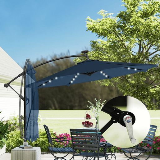 Outsunny Chapéu de Sol Excêntrico com Luzes LED Solares Ø345 cm Chapéu de Sol de Jardim em Alumínio com Base Cruzada Manivela Capa Protetora Cordas de Vento UPF50+ para Terraço Pátio Azul