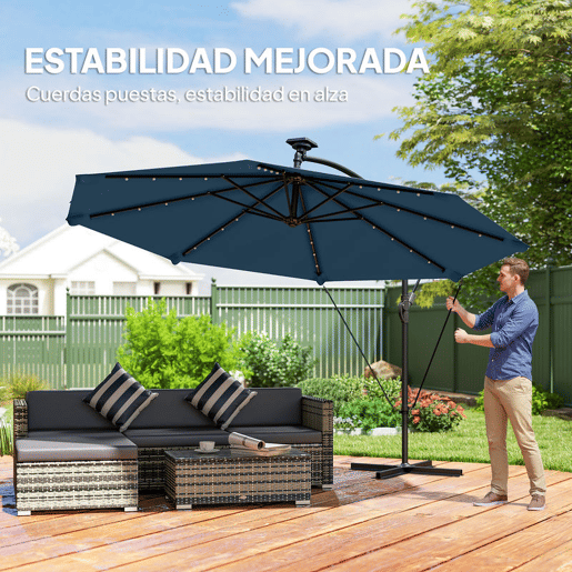 Outsunny Chapéu de Sol Excêntrico com Luzes LED Solares Ø345 cm Chapéu de Sol de Jardim em Alumínio com Base Cruzada Manivela Capa Protetora Cordas de Vento UPF50+ para Terraço Pátio Azul