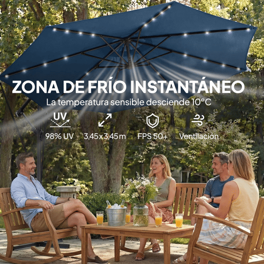 Outsunny Chapéu de Sol Excêntrico com Luzes LED Solares Ø345 cm Chapéu de Sol de Jardim em Alumínio com Base Cruzada Manivela Capa Protetora Cordas de Vento UPF50+ para Terraço Pátio Azul