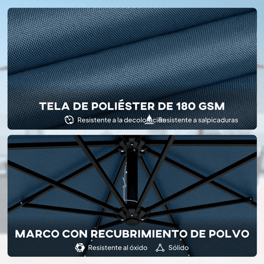 Outsunny Chapéu de Sol Excêntrico com Luzes LED Solares Ø345 cm Chapéu de Sol de Jardim em Alumínio com Base Cruzada Manivela Capa Protetora Cordas de Vento UPF50+ para Terraço Pátio Azul