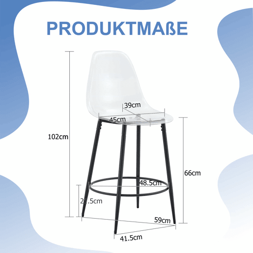 Conjunto de 2 bancos transparentes - Design flutuante - Pernas de metal preto - Ideal para cozinhas abertas modernas - Cor: preto, transparente