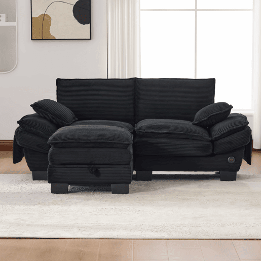 Sofá modular de 2 lugares com apoio para os pés u2013 assento amplo, design ergonómico, espuma de alta densidade, porta USB-C e bolsos laterais u2013 preto
