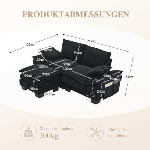 Sofá modular de 2 lugares com apoio para os pés u2013 assento amplo, design ergonómico, espuma de alta densidade, porta USB-C e bolsos laterais u2013 preto