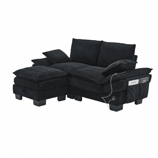 Sofá modular de 2 lugares com apoio para os pés u2013 assento amplo, design ergonómico, espuma de alta densidade, porta USB-C e bolsos laterais u2013 preto