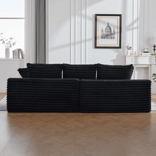 Sofá de tecido canelado de 4 lugares - encosto alto, almofadas adicionais, bolsos laterais e porta-copos, convertível em sofá-cama, estofamento macio - Preto