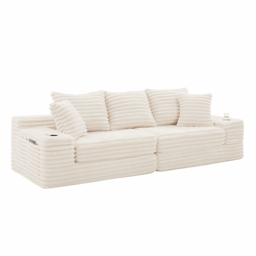 Sofá de 4 lugares - encosto alto, almofadas adicionais, bolsos laterais e porta-copos, convertível em cama, estofamento macio - Bege