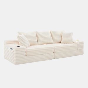 Sofá de 4 lugares - encosto alto, almofadas adicionais, bolsos laterais e porta-copos, convertível em cama, estofamento macio - Bege