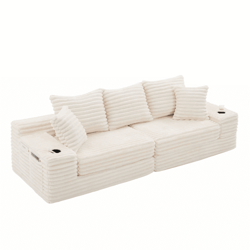 Sofá de 4 lugares - encosto alto, almofadas adicionais, bolsos laterais e porta-copos, convertível em cama, estofamento macio - Bege