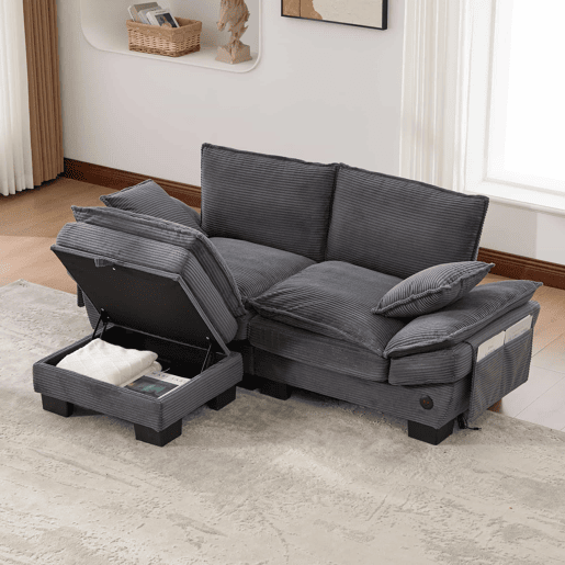 Sofá modular de 2 lugares - assento amplo, design ergonómico, espuma de alta densidade, porta USB-C e bolsos laterais - cinzento escuro
