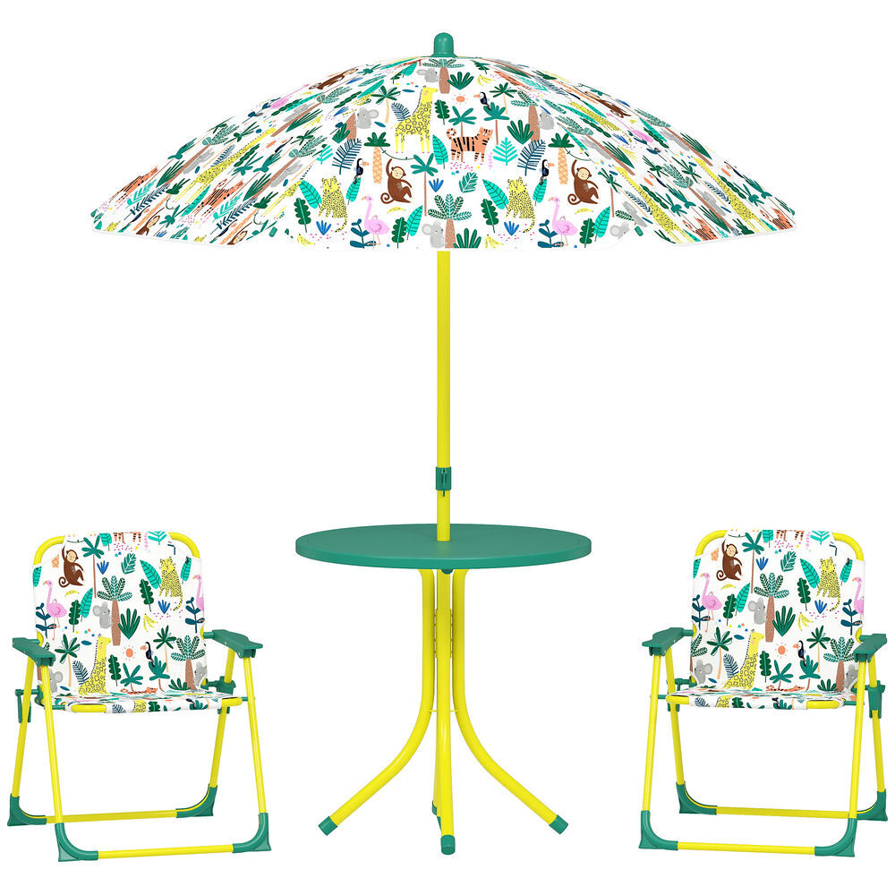 Aiyaplay conjunto de mesa y sillas infantil de jardín de 4 piezas, mesa infantil con sillas plegables, sombrilla desmontable, diseño de jungla, para patio, pícnic, verde