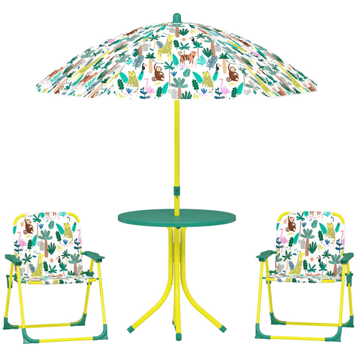 AIYAPLAY Conjunto Infantil de Mesa e Cadeiras de Jardim de 4 Peças Mesa com Cadeiras Dobráveis Chapéu de Sol Desmontável Design de Selva para Jardim Piquenique Verde