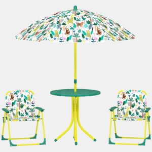 AIYAPLAY Conjunto Infantil de Mesa e Cadeiras de Jardim de 4 Peças Mesa com Cadeiras Dobráveis Chapéu de Sol Desmontável Design de Selva para Jardim Piquenique Verde