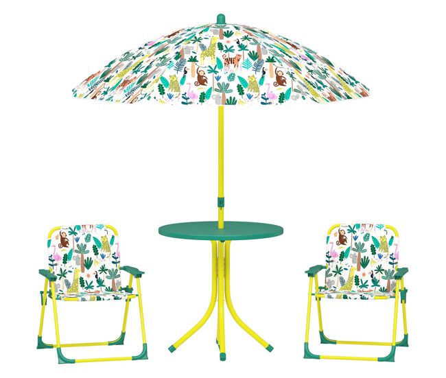 Aiyaplay conjunto de mesa y sillas infantil de jardín de 4 piezas, mesa infantil con sillas plegables, sombrilla desmontable, diseño de jungla, para