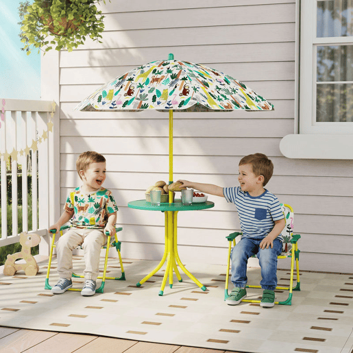 AIYAPLAY Conjunto Infantil de Mesa e Cadeiras de Jardim de 4 Peças Mesa com Cadeiras Dobráveis Chapéu de Sol Desmontável Design de Selva para Jardim Piquenique Verde