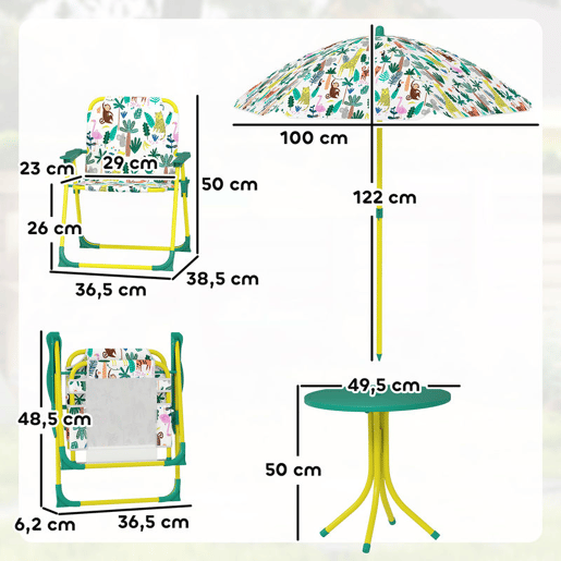 AIYAPLAY Conjunto Infantil de Mesa e Cadeiras de Jardim de 4 Peças Mesa com Cadeiras Dobráveis Chapéu de Sol Desmontável Design de Selva para Jardim Piquenique Verde