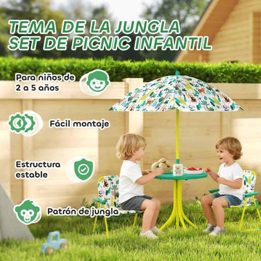 AIYAPLAY Conjunto Infantil de Mesa e Cadeiras de Jardim de 4 Peças Mesa com Cadeiras Dobráveis Chapéu de Sol Desmontável Design de Selva para Jardim Piquenique Verde