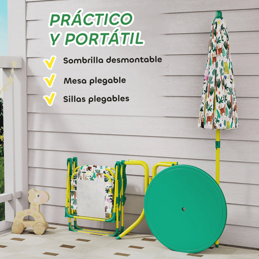 AIYAPLAY Conjunto Infantil de Mesa e Cadeiras de Jardim de 4 Peças Mesa com Cadeiras Dobráveis Chapéu de Sol Desmontável Design de Selva para Jardim Piquenique Verde